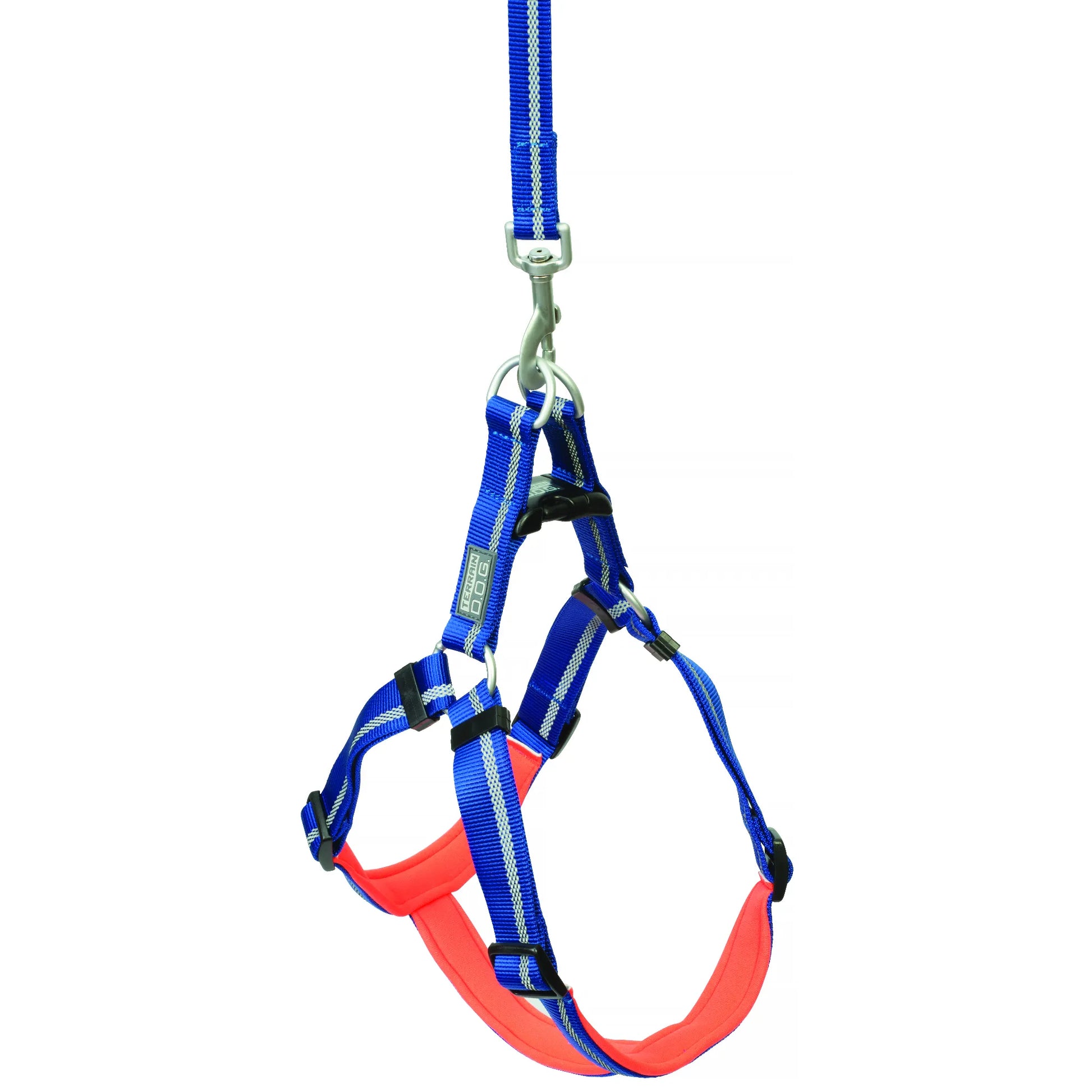Weaver Terrain D.O.G. Reflective Dog Harness in royal blue and neon orange. This durable, heavy-duty harness features padded straps for comfort, silver reflective stitching for safety, and sturdy metal hardware for secure leash attachment. Perfect for hiking, camping, and nighttime walks, this adventure-ready pet gear combines style and high visibility for every active dog.