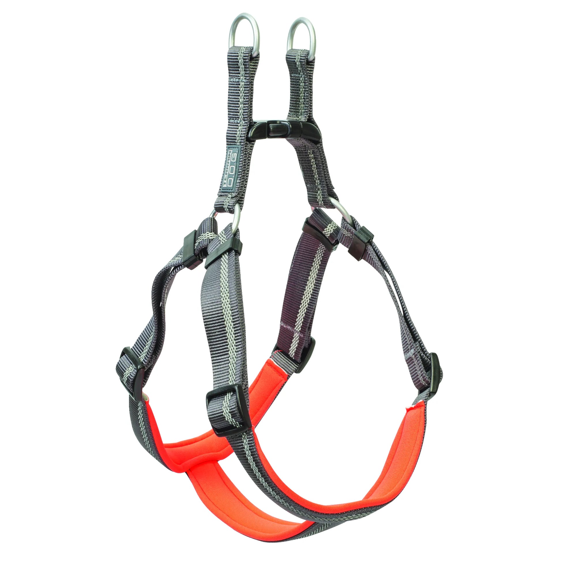 Weaver Terrain D.O.G. Reflective Step-In Dog Harness in gray and bright orange. This durable adventure gear features adjustable nylon straps with reflective stitching for high visibility. Designed with dual metal D-rings for secure leash attachment and soft orange padding for maximum comfort during hikes and daily walks. A high-performance, stylish dog harness for active pets.
