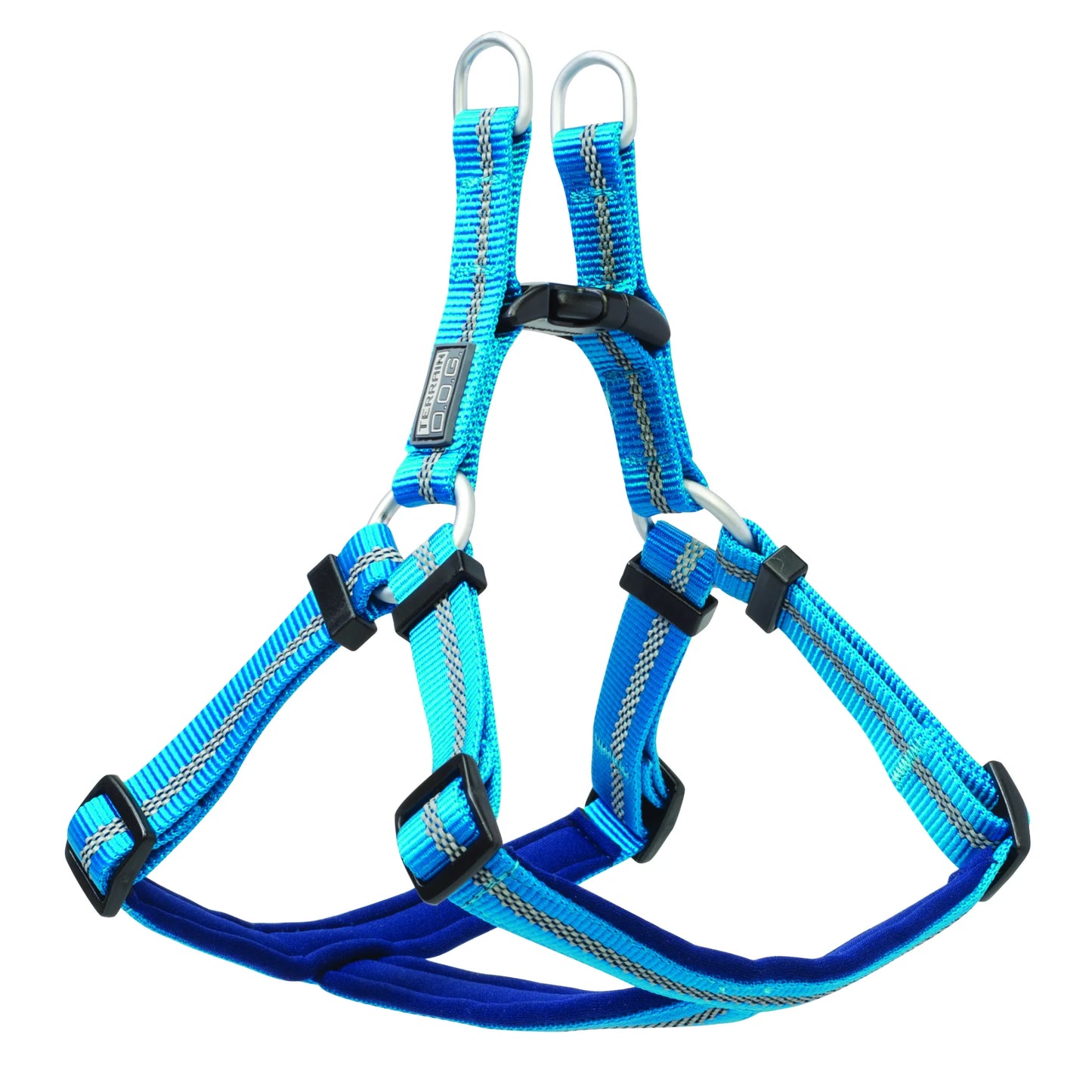Bright blue Weaver Terrain D.O.G. reflective dog harness featuring durable nylon straps with silver reflective stitching for safety. This high-performance adventure gear includes two metal D-rings for secure leash attachment, adjustable black sliders for a custom fit, and a navy blue padded chest plate for comfort. A heavy-duty, stylish, and functional choice for active dogs on the trail or in the city.