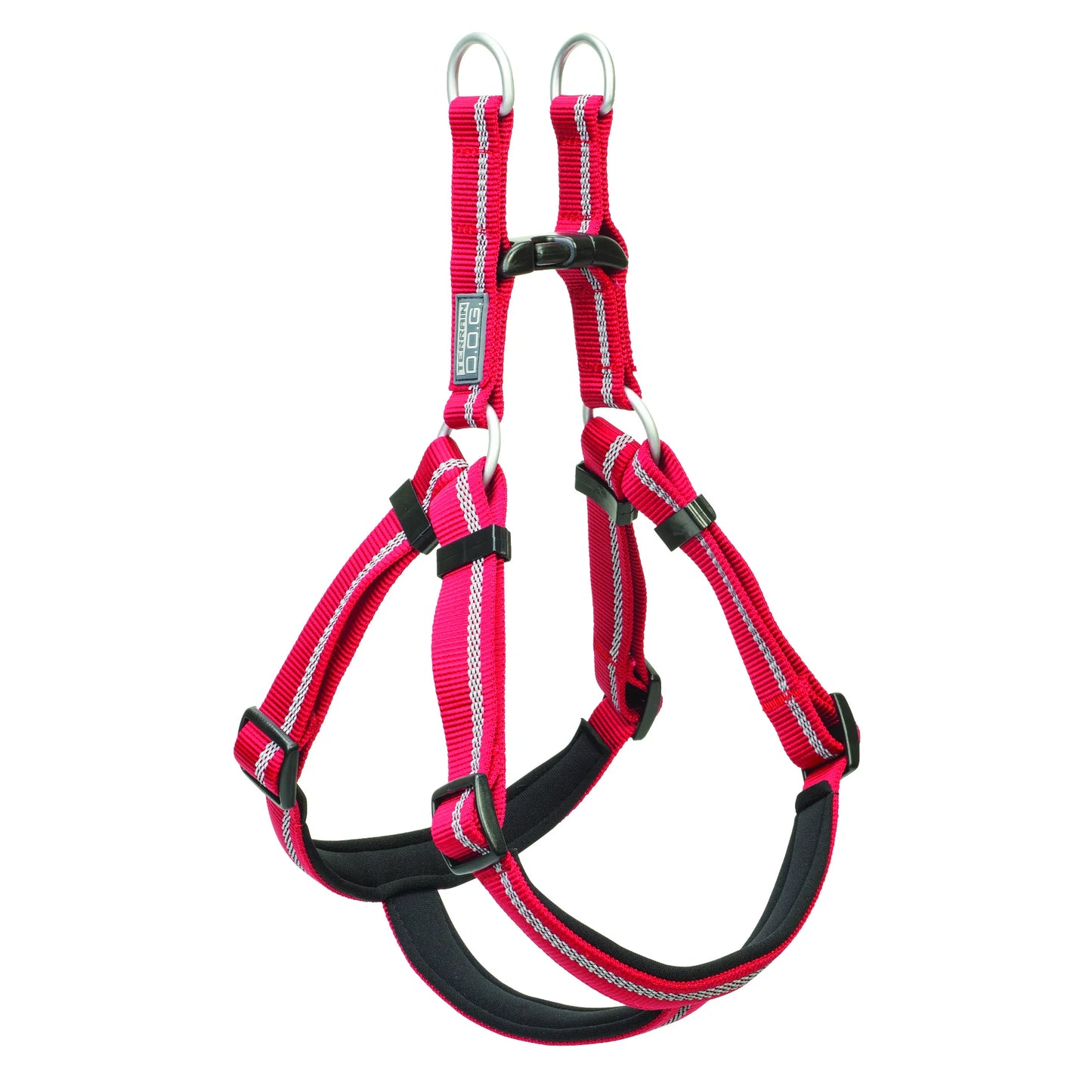 Weaver Terrain D.O.G. Reflective Step-In Dog Harness in vibrant red with high-visibility silver stripes. This durable, adjustable nylon harness features plush black neoprene padding for ultimate comfort during outdoor adventures and hikes. Designed with dual silver D-rings for secure leash attachment and a sturdy quick-release buckle. Ideal high-visibility dog gear for active pets and safe nighttime walking.