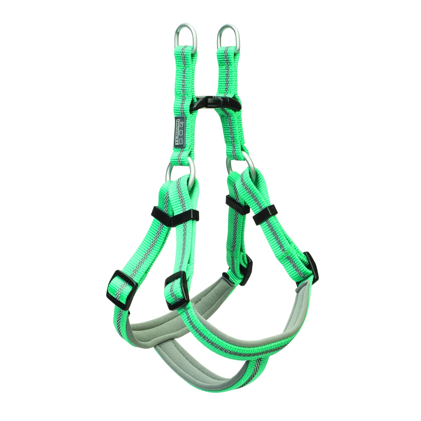 Weaver Terrain D.O.G. Neon Green Reflective Dog Harness featuring a durable step-in design with adjustable nylon straps and dual metal D-rings. This high-visibility lime green harness includes silver reflective stitching and soft gray padding for comfort and safety during outdoor adventures and night walks. Perfect for active dogs, this rugged, adventure-ready gear ensures a secure fit and maximum visibility for hiking or everyday exercise.