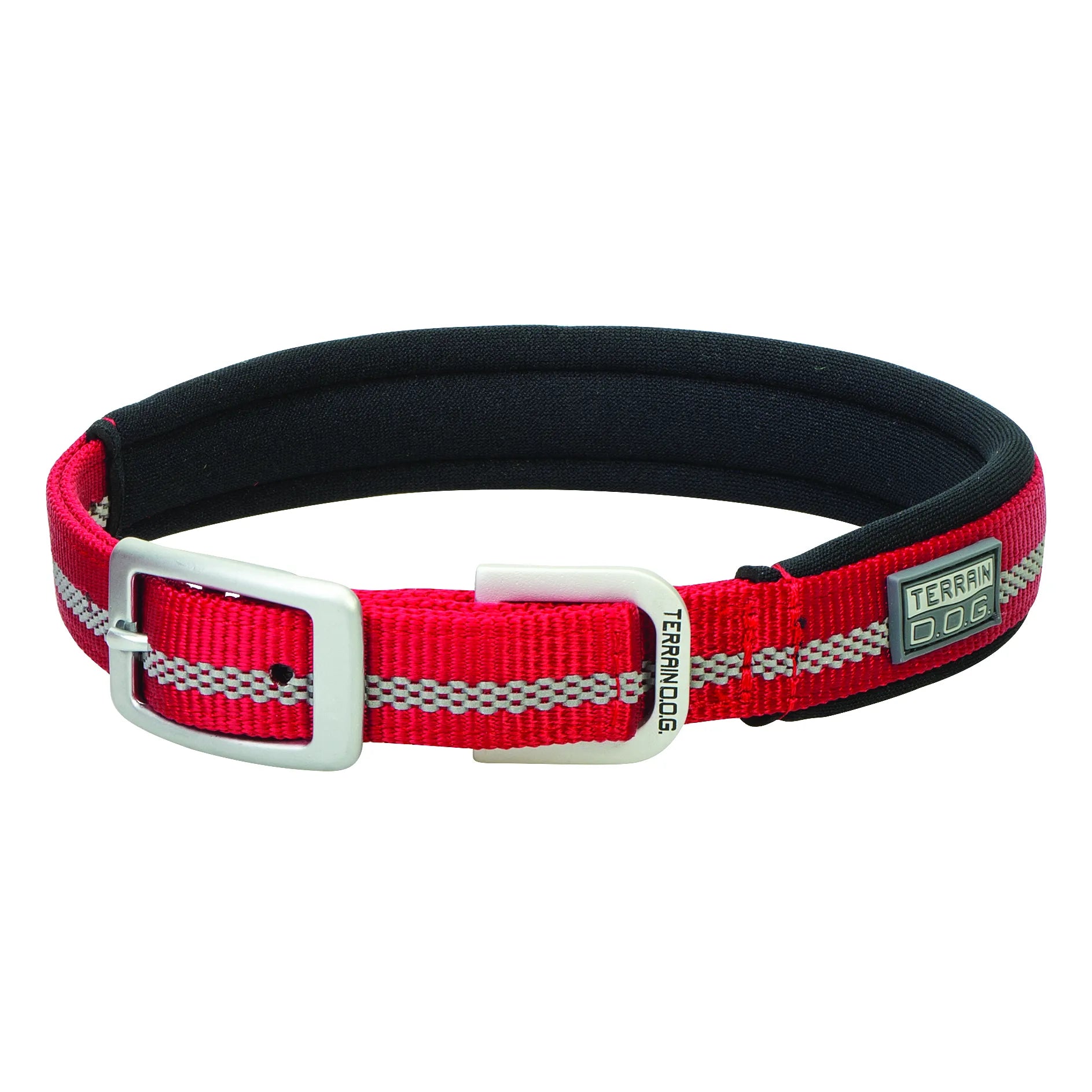 Red Weaver Terrain D.O.G. Reflective Dog Collar featuring a soft black neoprene lining for maximum comfort. This adventure-ready collar is built with durable red nylon webbing, a prominent silver reflective safety stripe, and heavy-duty silver-tone metal hardware. Designed for outdoor safety and style, it includes an adjustable buckle and a branded logo patch, making it the perfect choice for active pets and nighttime walks.
