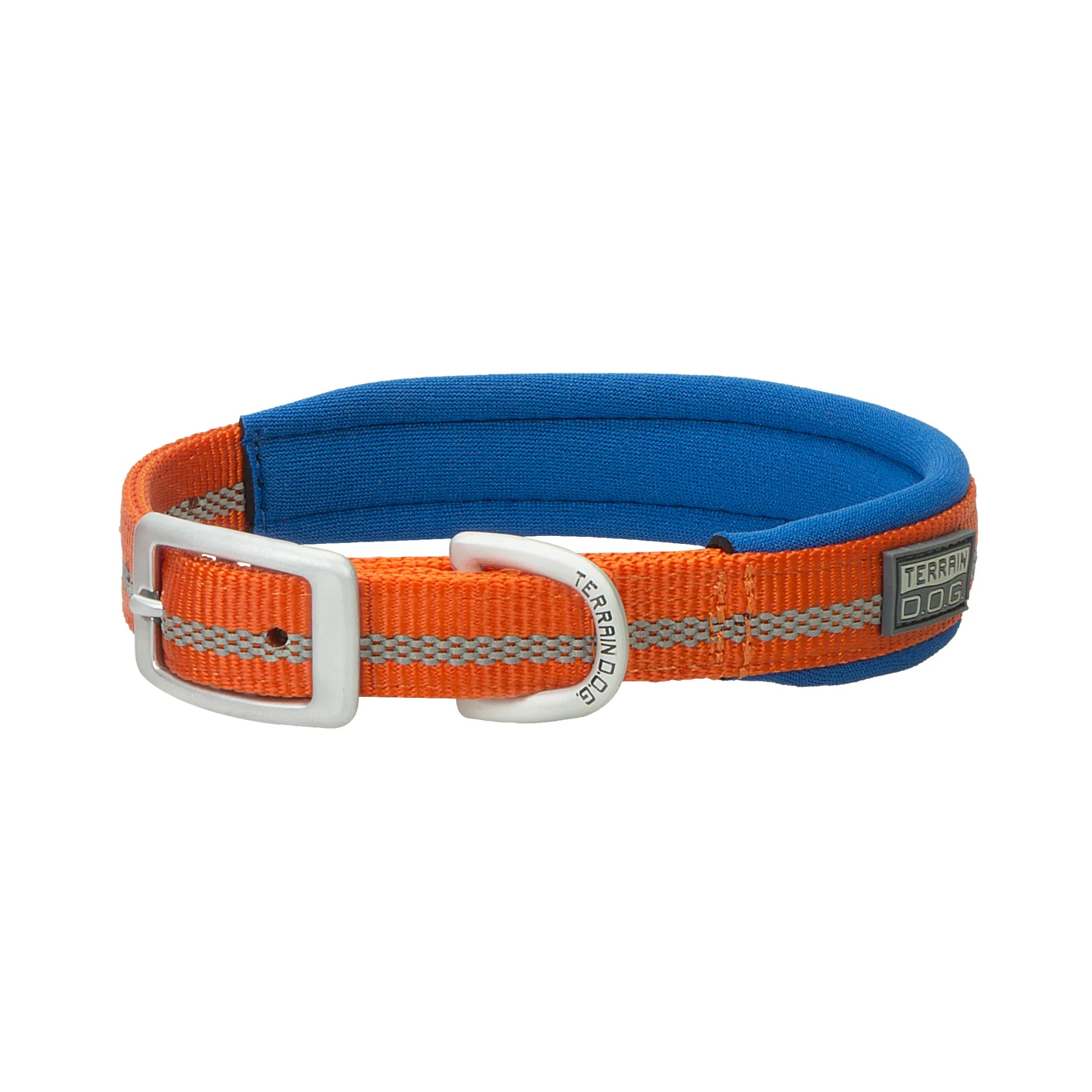 Weaver Terrain D.O.G. Reflective Dog Collar in vibrant orange and blue. This adventure-ready collar features a durable nylon strap with high-visibility reflective stitching and a soft neoprene padded lining for ultimate comfort. Complete with a rugged silver metal buckle and branded D-ring, it is the perfect safe and stylish accessory for active dogs and outdoor adventures.