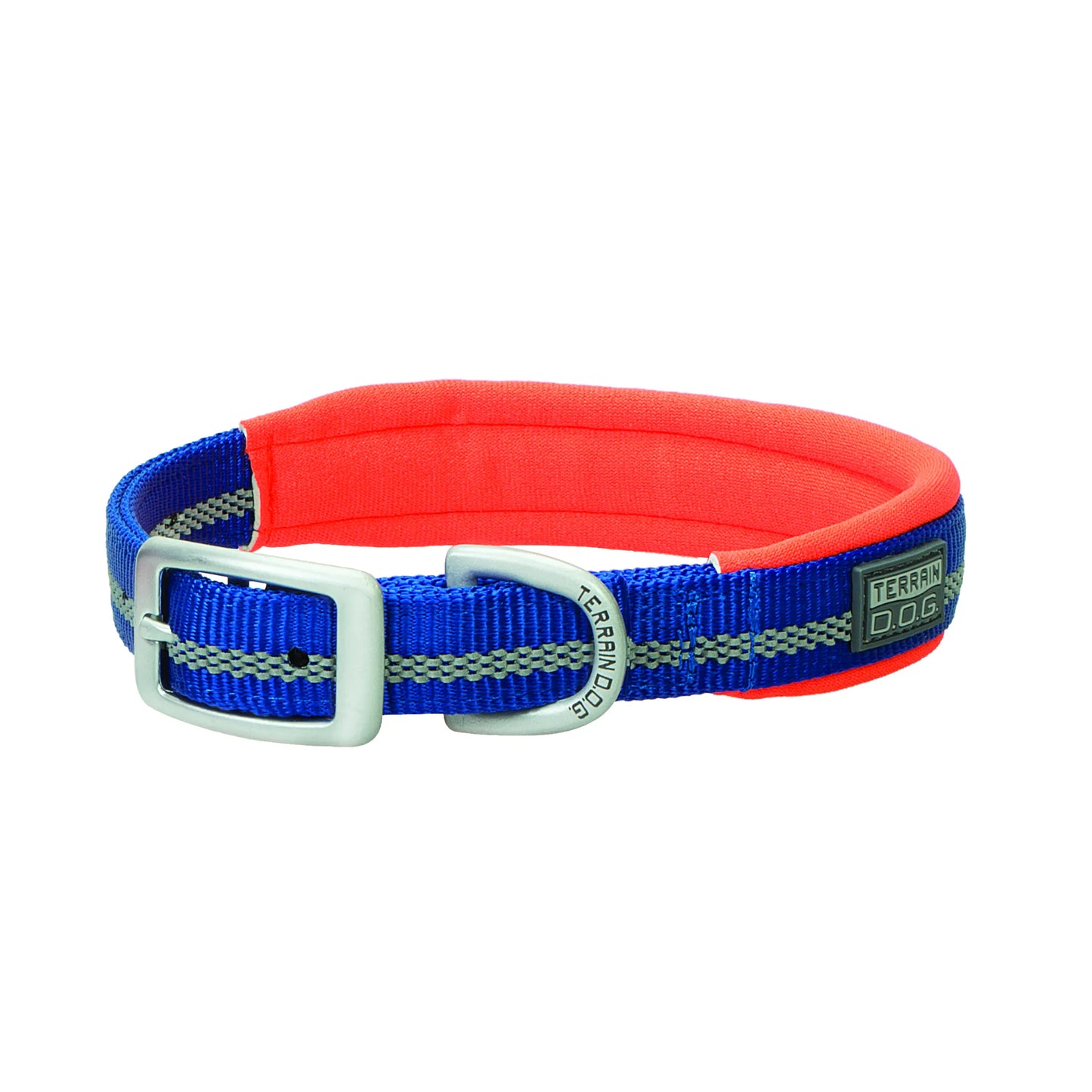 Weaver Terrain D.O.G. Reflective Dog Collar featuring royal blue nylon webbing with a high-visibility silver reflective stripe and a bright orange neoprene padded lining for comfort. This adventure-ready collar includes a durable silver-toned metal buckle and D-ring, making it perfect for hiking and safe nighttime walks. Stylish, heavy-duty pet gear designed for active dogs and outdoor exploration.