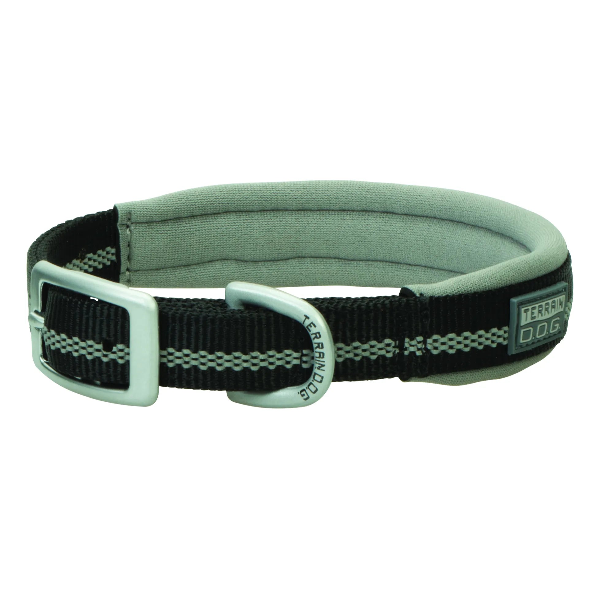 Weaver Terrain D.O.G. Reflective Dog Collar in black with a soft gray padded lining for ultimate comfort. Features a high-visibility reflective stripe for night safety, durable nylon webbing, and heavy-duty matte silver hardware including a secure buckle and engraved D-ring. An adventure-ready, heavy-duty collar perfect for active dogs and outdoor enthusiasts looking for safety and style.