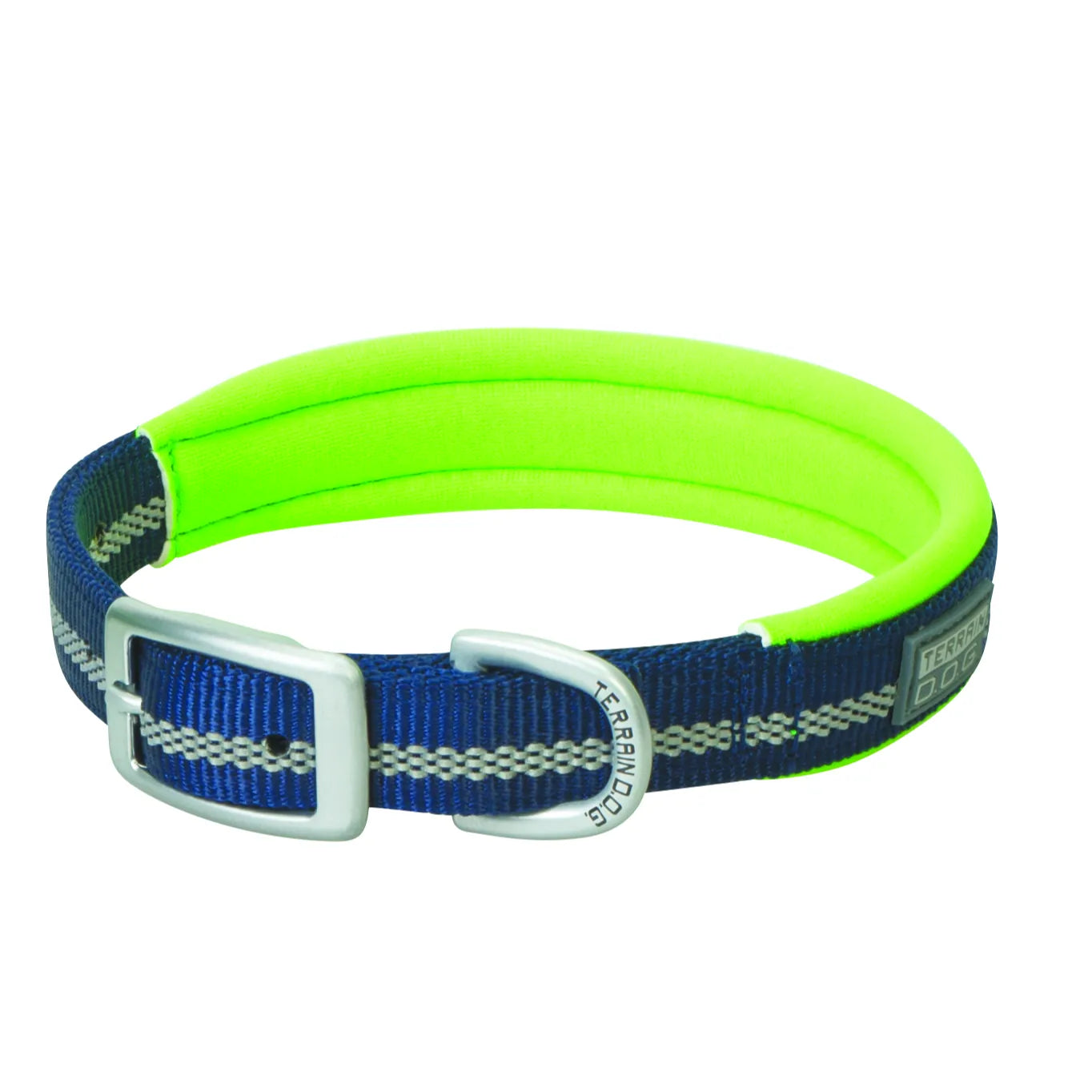 Weaver Terrain D.O.G. Reflective Dog Collar in navy blue with a vibrant neon lime green padded neoprene lining. Designed for adventure and safety, it features a durable silver metal buckle, a branded D-ring, and a woven-in reflective silver stripe for high visibility during night walks. This comfortable, heavy-duty padded dog collar is perfect for active pets and outdoor enthusiasts.