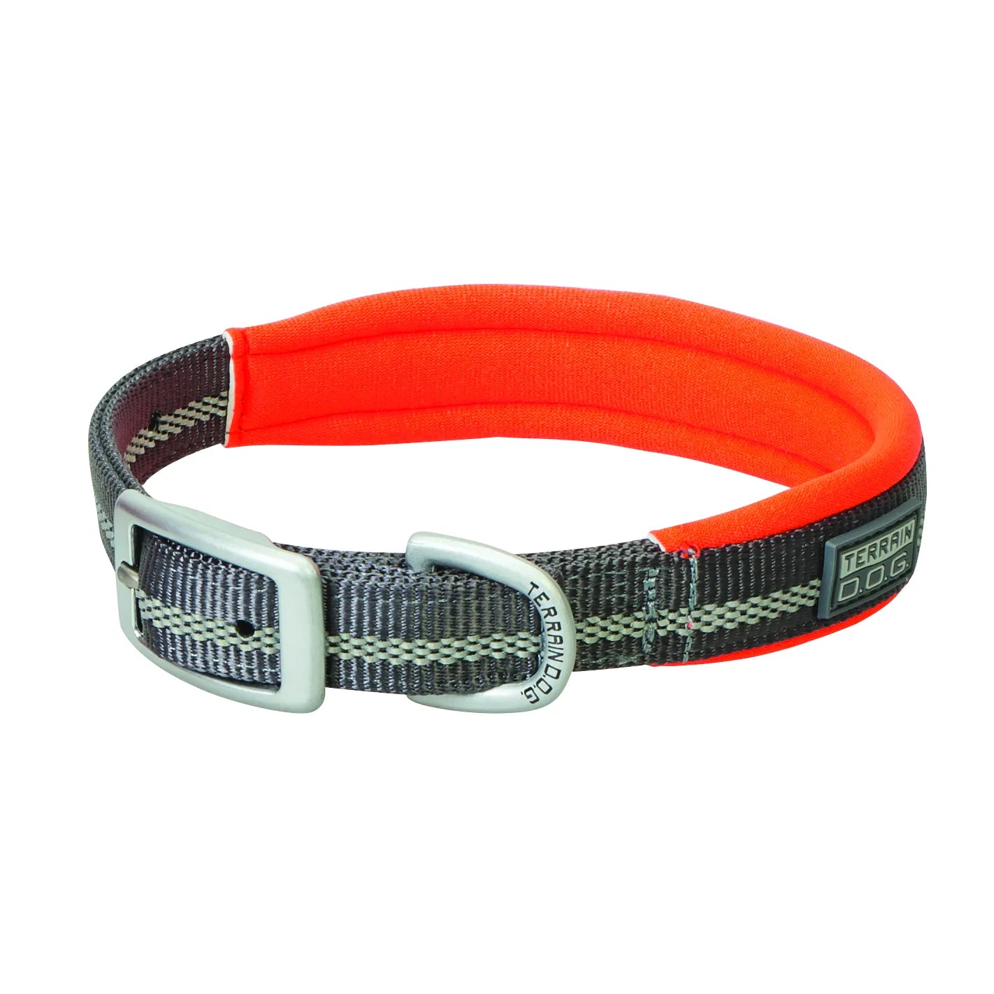 Weaver Terrain D.O.G. Reflective Dog Collar featuring durable dark gray nylon webbing with reflective lime green stitching for low-light safety. This adventure-ready collar is lined with vibrant neon orange neoprene padding for maximum comfort during outdoor activities. Equipped with a rugged silver-tone metal buckle and D-ring, it’s a high-visibility, heavy-duty choice for active dogs on the trail.