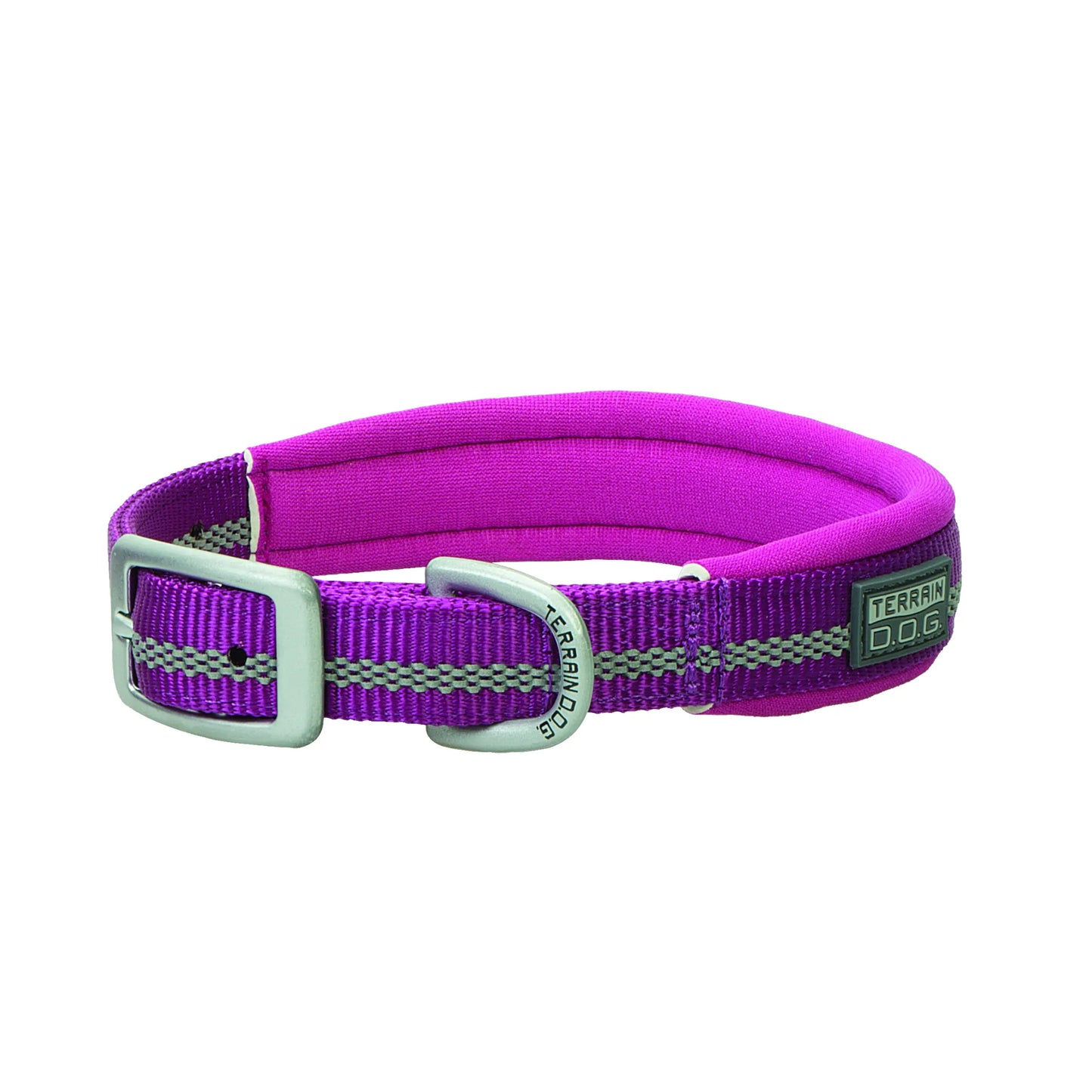 Purple and magenta Weaver Terrain D.O.G. reflective dog collar featuring durable nylon webbing, a soft padded interior for comfort, and a gray reflective safety strip for high visibility. This adventure-ready collar includes a sturdy matte silver metal buckle, a branded D-ring for leash attachment, and a signature logo patch. Ideal for active pets needing a safe and comfortable outdoor gear solution.