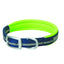 Weaver Terrain D.O.G. Reflective Dog Collar in navy blue with a vibrant lime green neoprene padded lining. This adventure-ready collar features a durable nylon strap with a high-visibility reflective stripe for nighttime safety, a heavy-duty silver metal buckle, and a branded D-ring. Designed for comfort and durability, it’s the perfect gear for active dogs on outdoor excursions.