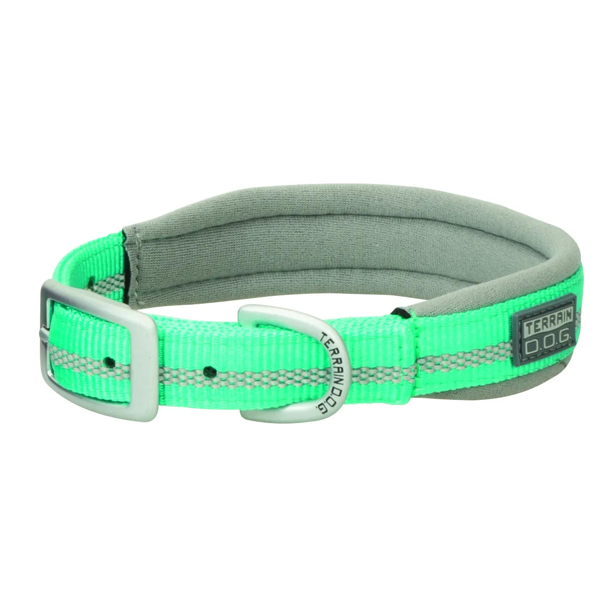 Neon green Weaver Terrain D.O.G. Reflective Dog Collar featuring vibrant lime nylon webbing with a central silver reflective strip for high visibility. Designed for adventure, it boasts thick gray neoprene padding for maximum comfort and heavy-duty matte silver metal hardware, including a branded D-ring and buckle. This durable, sporty pet accessory is perfect for active dogs on night walks, hiking, or rugged outdoor excursions.