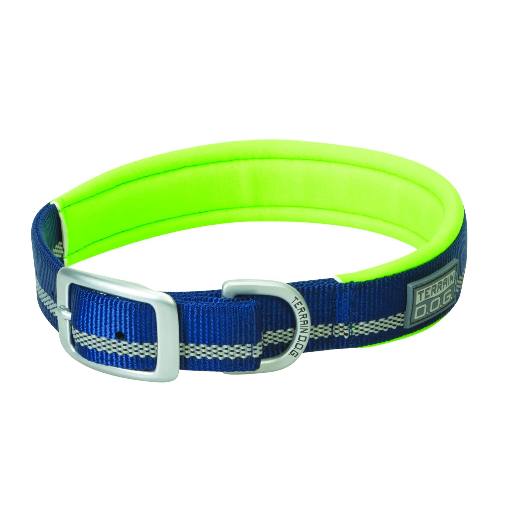 Weaver Terrain D.O.G. Reflective Dog Collar in navy blue nylon with high-visibility neon green neoprene padding. This adventure-ready collar features a reflective silver stripe for night safety, a durable brushed nickel buckle, and a D-ring for leash attachment. Perfect for active dogs, hiking, and outdoor excursions.