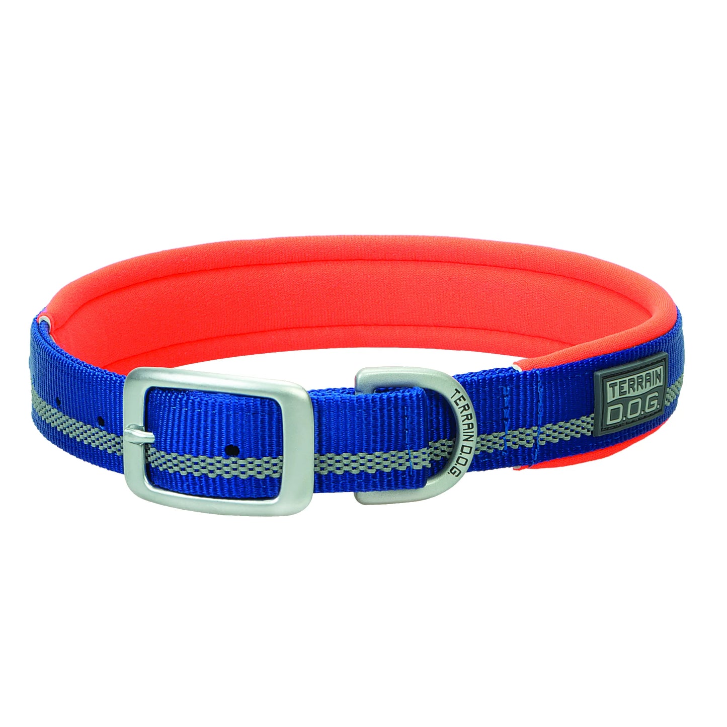 Blue and orange Weaver Terrain D.O.G. reflective dog collar featuring soft orange neoprene padding for comfort and a durable blue nylon exterior with a high-visibility reflective strip. This heavy-duty collar includes a sturdy silver metal buckle, a matching D-ring for leash attachment, and a black logo patch. Ideal for active dogs and low-light outdoor adventures.