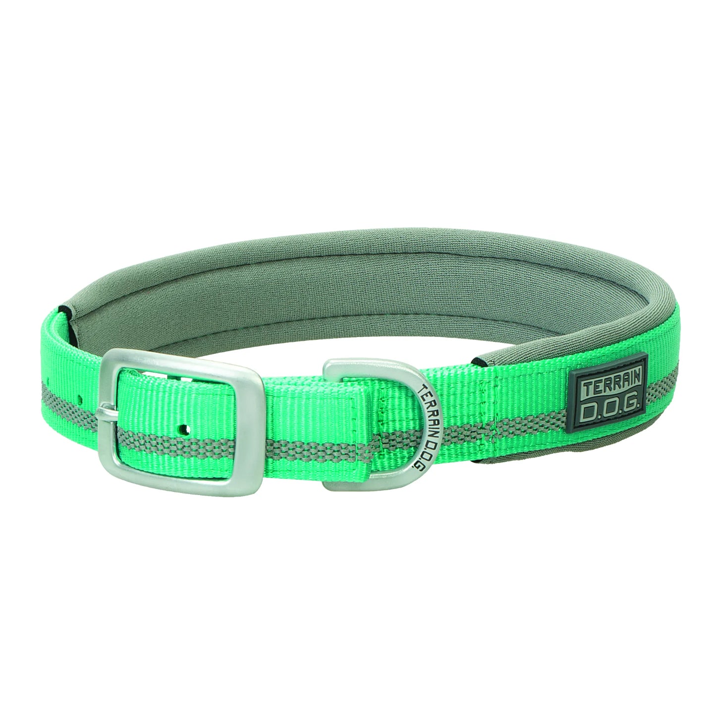 Weaver Terrain D.O.G. neon green reflective dog collar featuring soft grey neoprene padding for maximum comfort. This durable nylon adventure collar includes a silver buckle, a heavy-duty D-ring, and a reflective safety strip for high visibility during night walks. Perfect outdoor pet gear for active dogs.