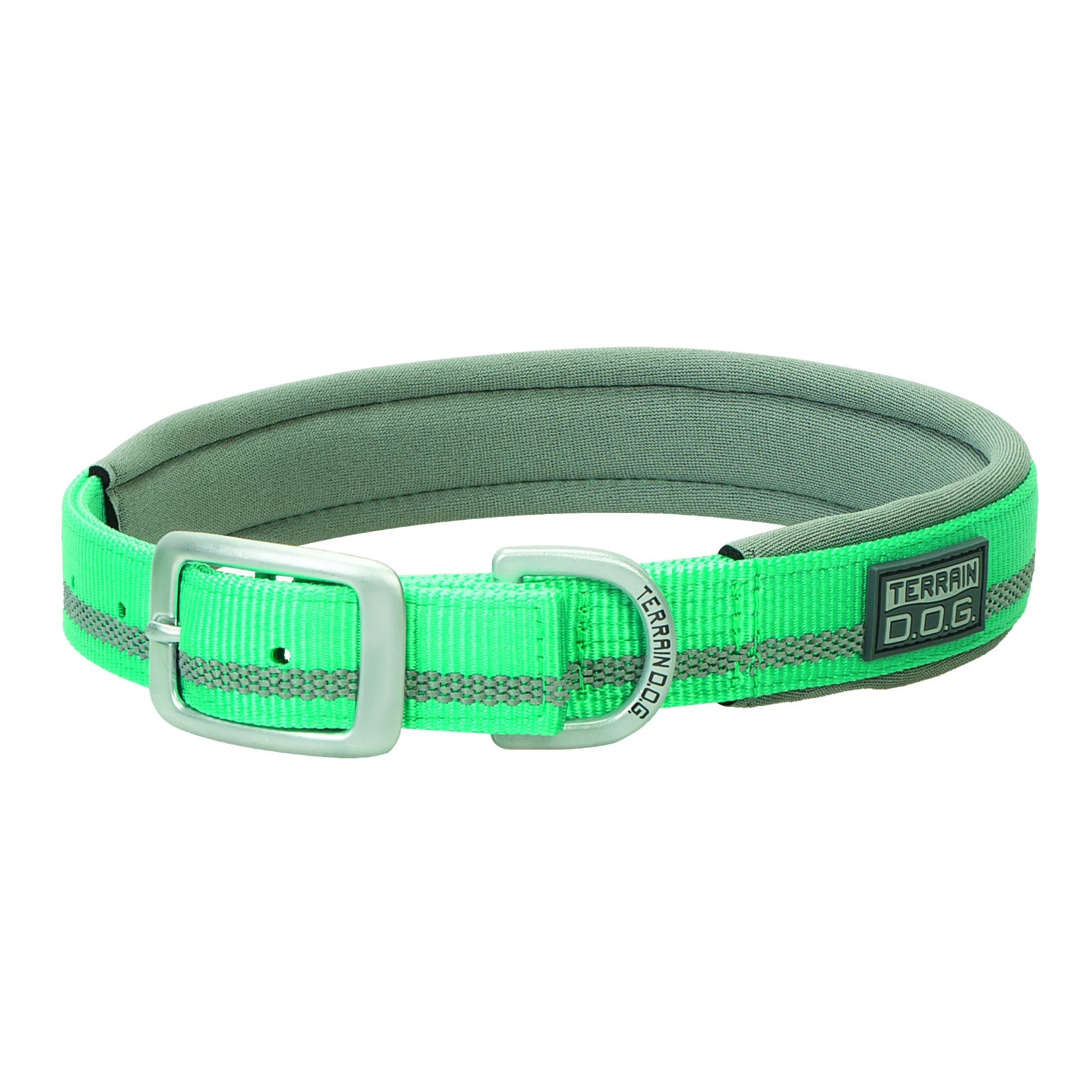 Weaver Terrain D.O.G. neon green reflective dog collar featuring soft grey neoprene padding for maximum comfort. This durable nylon adventure collar includes a silver buckle, a heavy-duty D-ring, and a reflective safety strip for high visibility during night walks. Perfect outdoor pet gear for active dogs.