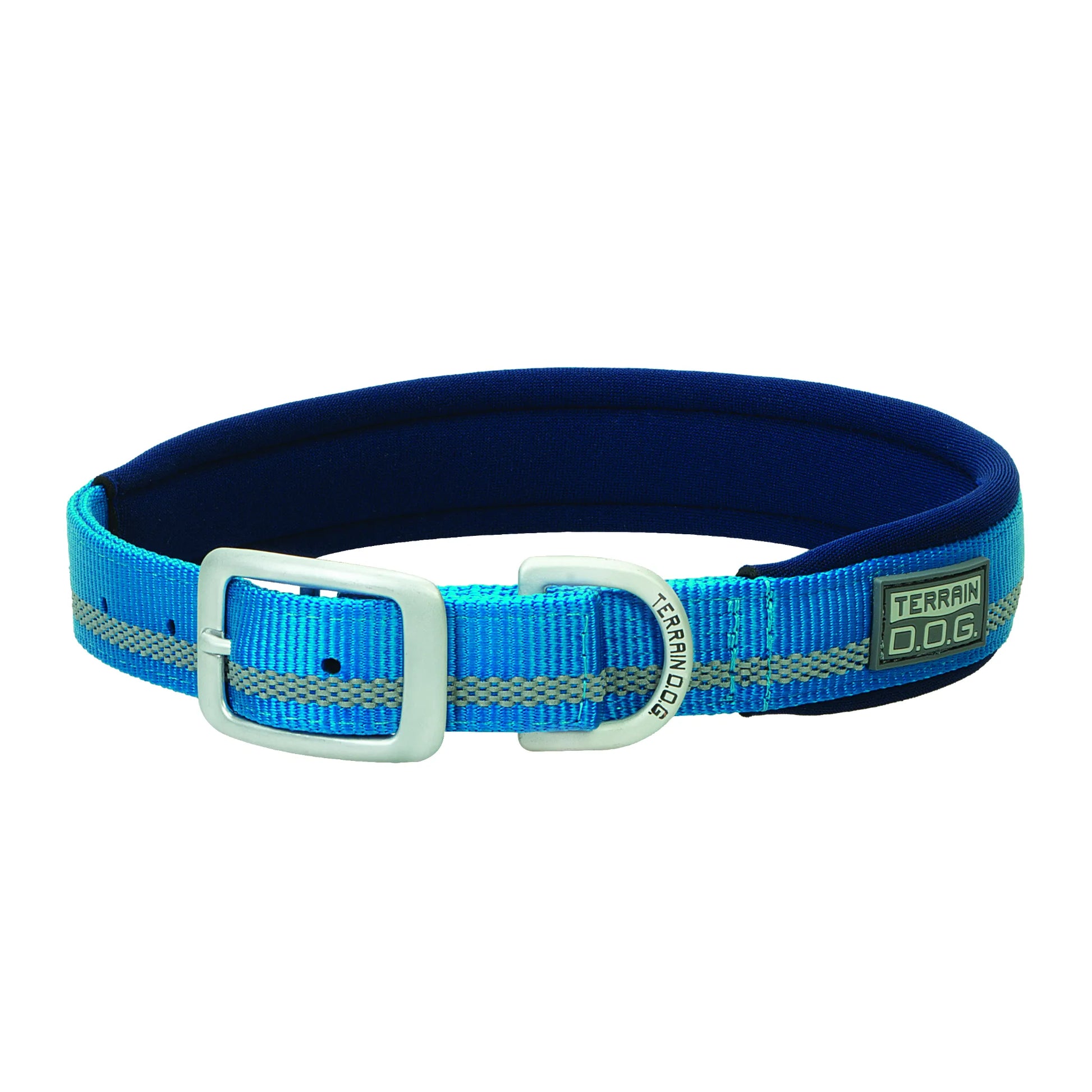 Weaver Terrain D.O.G. Reflective Dog Collar in bright blue and navy. This durable, adventure-ready collar features a high-visibility reflective strip for night safety and a soft, padded neoprene lining for comfort. Equipped with a sturdy silver metal buckle and heavy-duty D-ring, it’s an ideal choice for active dogs, hiking, and outdoor exploration.