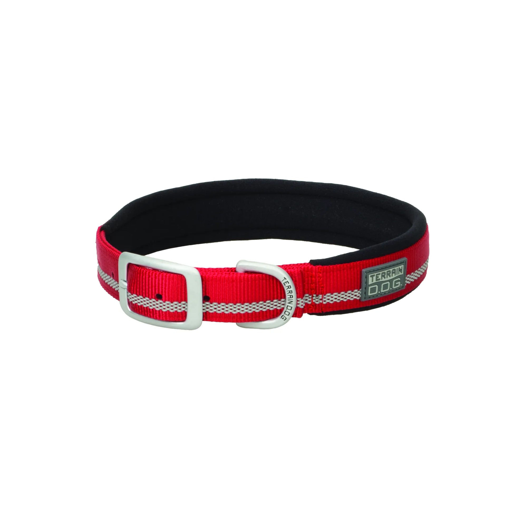 Weaver Terrain D.O.G. Reflective Dog Collar in vibrant red with a soft black neoprene lining for adventure-ready comfort. This durable nylon collar features a center reflective stripe for night safety, a heavy-duty silver metal buckle, and a sturdy D-ring for leash attachment. Perfect for active dogs and hiking enthusiasts, this high-visibility padded collar combines safety and rugged style for any outdoor excursion.