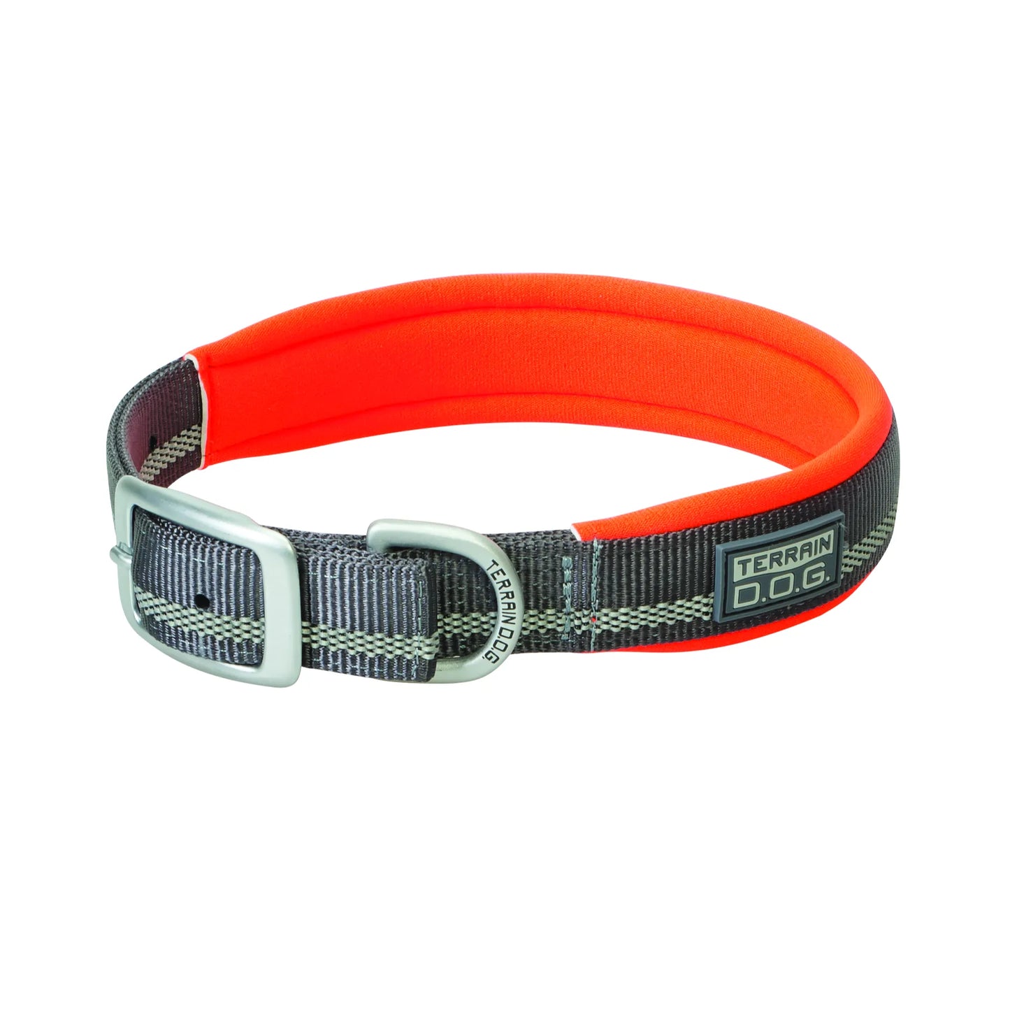 Weaver Terrain D.O.G. Reflective Dog Collar featuring a charcoal gray nylon strap with reflective stitching and a bright orange neoprene padded interior for comfort. This durable, adventure-ready collar includes high-quality matte silver hardware with a heavy-duty buckle and D-ring. Ideal for outdoor safety and nighttime visibility, this stylish and functional dog collar combines rugged performance with a comfortable fit for active pets.