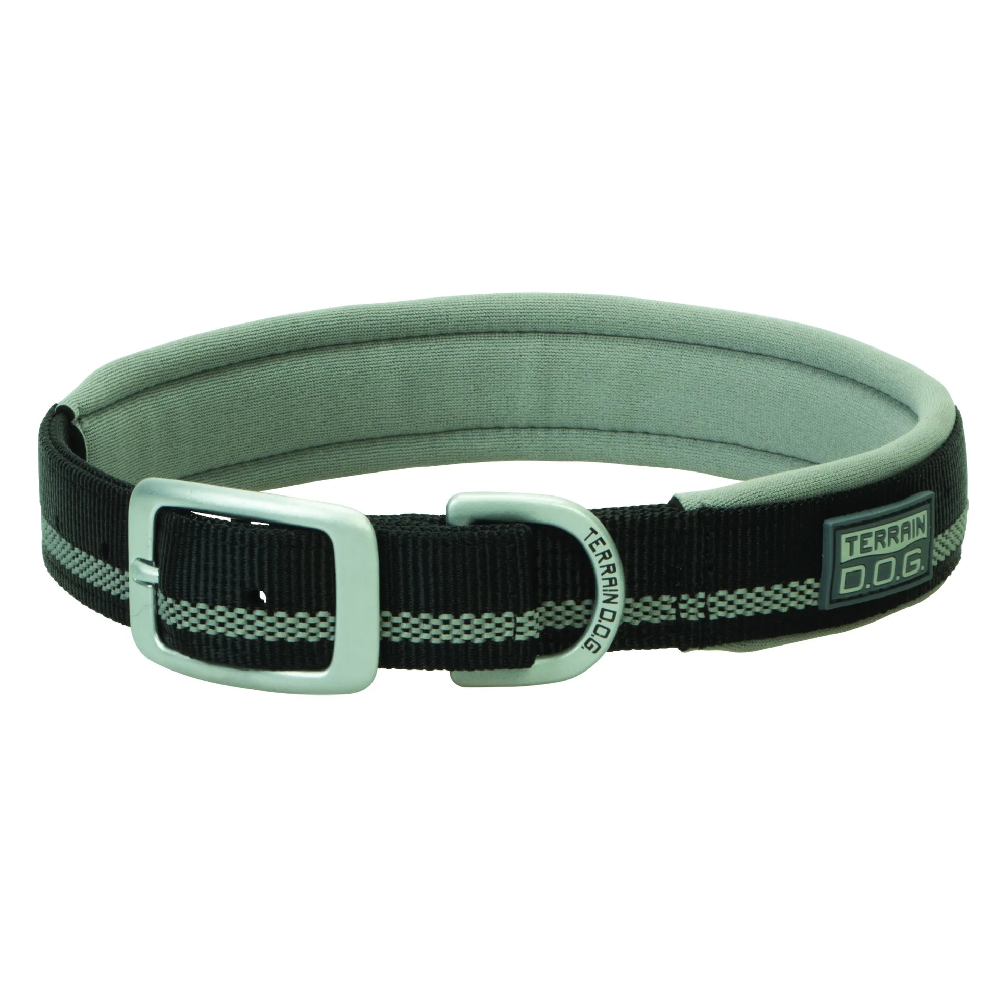 Weaver Terrain D.O.G. Reflective Dog Collar in black with a grey comfort-padded lining. This adventure-ready collar features a reflective center stripe for night safety, a heavy-duty silver buckle, and a sturdy D-ring. Designed for active dogs, the soft neoprene padding prevents chafing during outdoor hikes. A high-visibility, durable pet accessory perfect for safety-conscious dog owners.