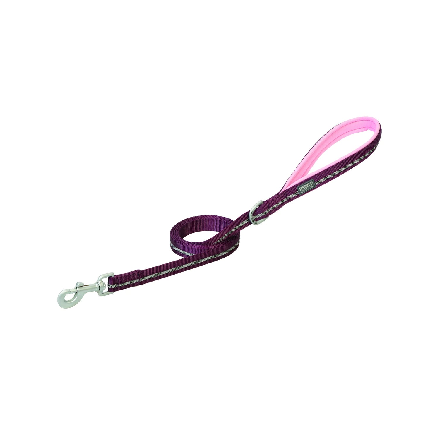 Purple Weaver Terrain D.O.G. reflective dog leash with a soft pink padded neoprene handle for ultimate comfort. This high-visibility leash features double-row reflective stitching for nighttime safety and a heavy-duty silver swivel snap hook. A durable and stylish pet accessory perfect for secure dog walking, increased visibility, and outdoor adventures.