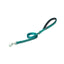 Teal Weaver Terrain D.O.G. Reflective Leash featuring a soft, black padded handle and high-visibility reflective stitching for safety during night walks. This durable turquoise dog leash is equipped with a heavy-duty silver swivel snap hook and a convenient metal D-ring for attaching accessories. Designed for ultimate comfort and security for outdoor adventures with your pet.