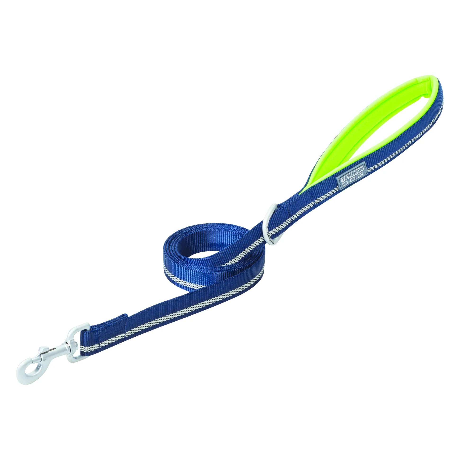 Weaver Terrain D.O.G. Reflective Dog Leash in navy blue with a neon lime green padded handle for ultimate comfort. Features dual reflective stitching for nighttime visibility, a heavy-duty metal swivel snap hook, and an integrated D-ring for accessories. Durable nylon construction makes it perfect for walking, hiking, and outdoor adventures with your pet.