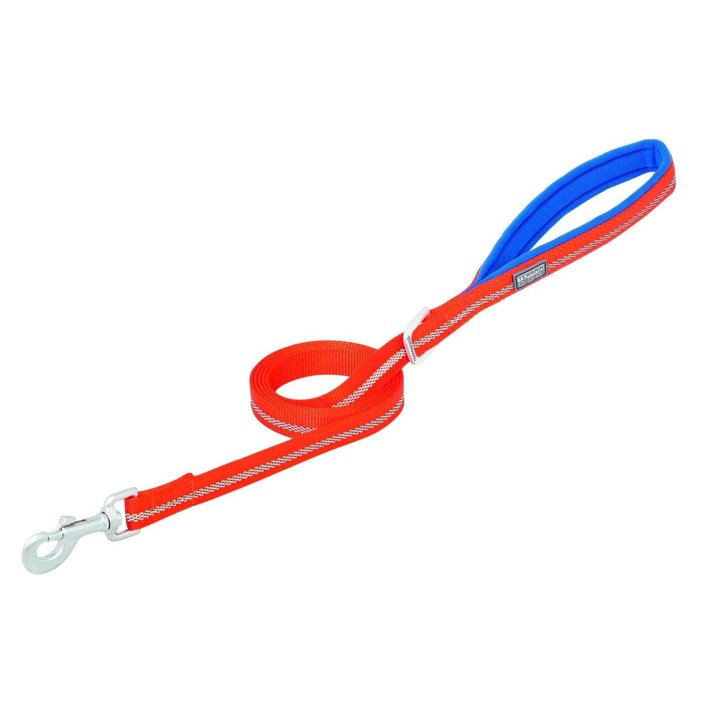 Weaver Terrain D.O.G. Reflective Leash in vibrant orange with a plush blue padded handle. This high-visibility dog leash features double-sided reflective stitching for night safety and a heavy-duty metal swivel snap hook. Made from durable nylon webbing, it’s the ultimate comfortable and secure leash for walking, hiking, and training your dog in any terrain. High-vis pet gear for active outdoor adventures.
