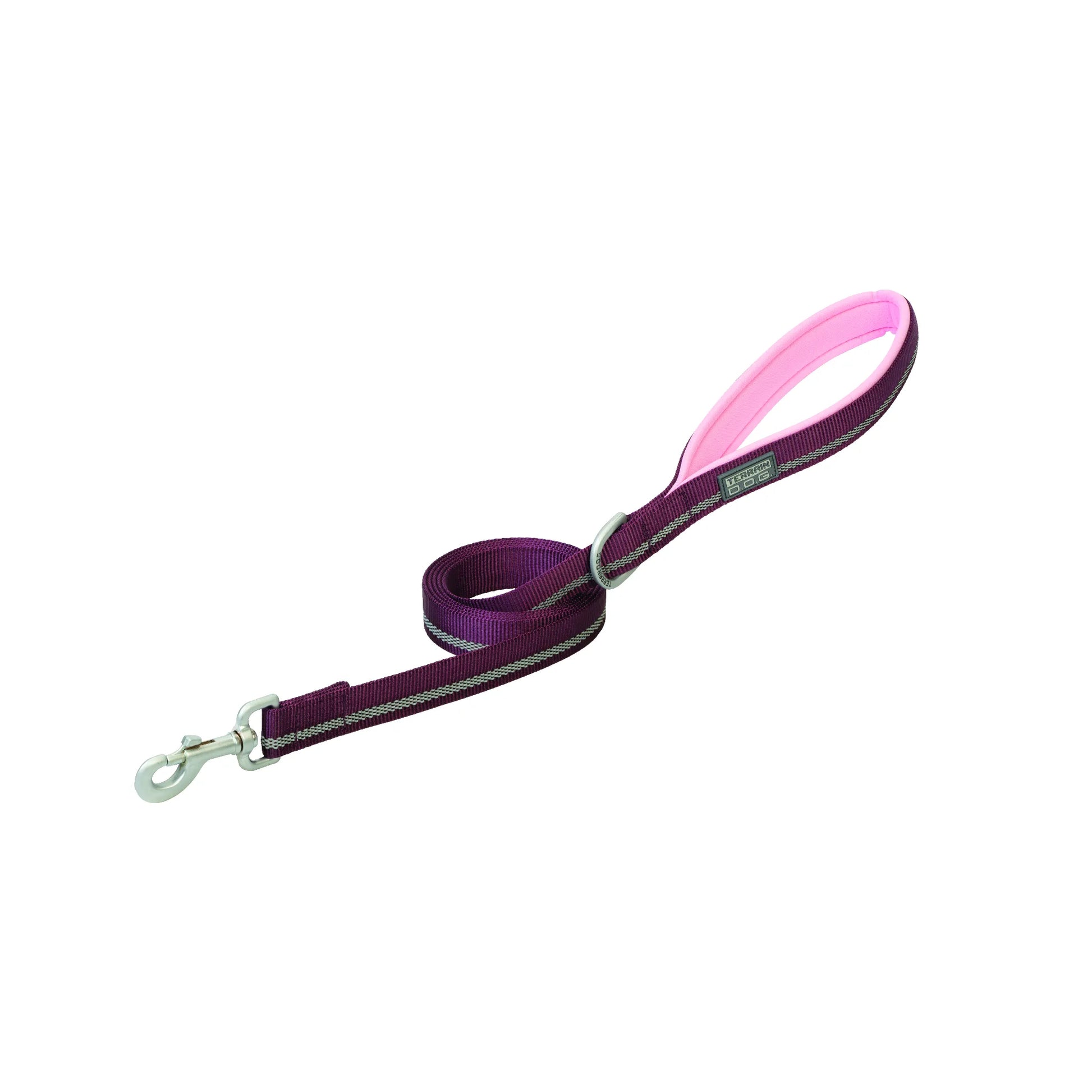 Weaver Terrain D.O.G. Reflective Dog Leash in purple with a vibrant pink padded comfort handle. This durable nylon leash features integrated reflective stitching for nighttime safety and a heavy-duty metal swivel snap hook. Designed for outdoor adventures and everyday walks, it combines ultimate pet safety with a soft, ergonomic grip for the owner.