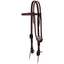 Weaver Leather Thunderbird Headstall in a rich mahogany finish. This Western browband headstall features durable premium leather, crisp white stitching, and a striking hand-painted Thunderbird concho with orange and black accents. Complete with silver-tone buckles and functional leather bit ties, this high-quality horse tack offers a blend of traditional style and unique Southwestern flair for your riding gear collection.
