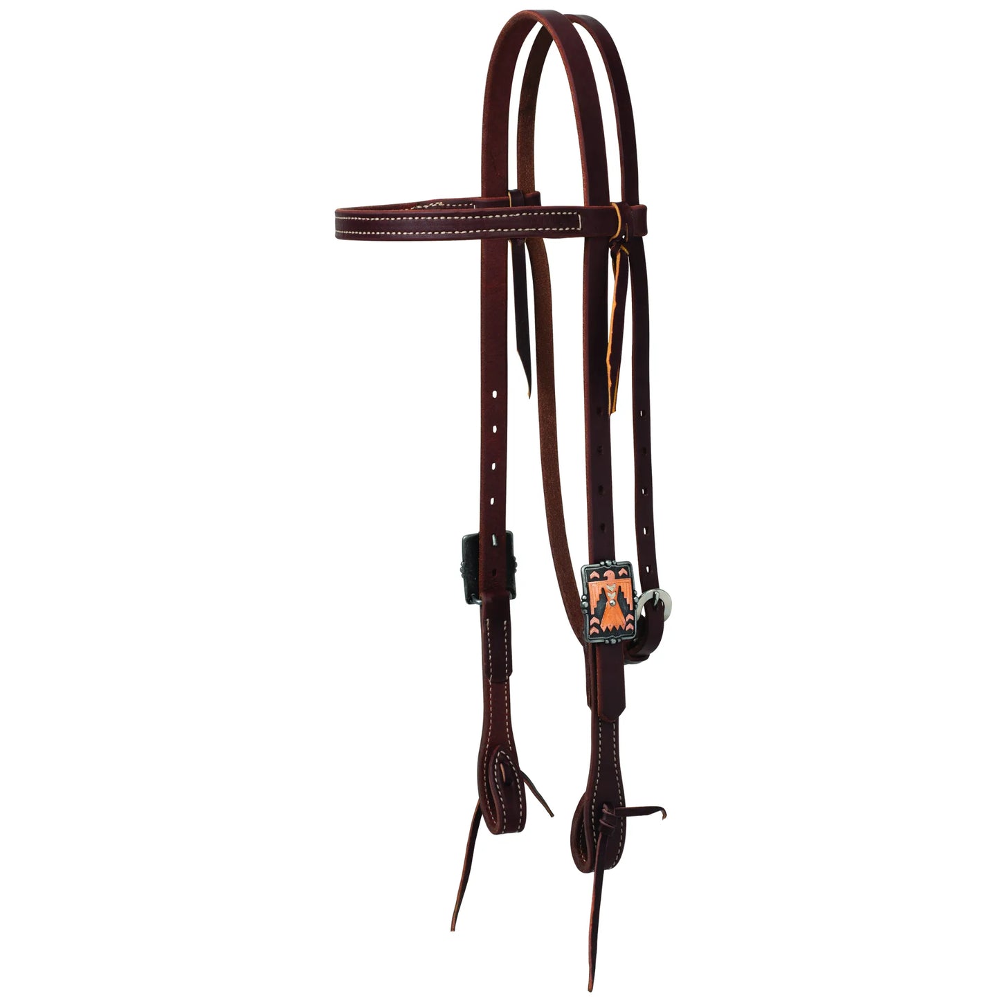 Weaver Leather Thunderbird Headstall in a rich mahogany finish. This Western browband headstall features durable premium leather, crisp white stitching, and a striking hand-painted Thunderbird concho with orange and black accents. Complete with silver-tone buckles and functional leather bit ties, this high-quality horse tack offers a blend of traditional style and unique Southwestern flair for your riding gear collection.