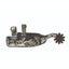 Western floral engraved spurs featuring a dark brown finish with intricate silver scrollwork along the heel band and medium shank. Designed for equestrian performance, these cowboy spurs include a classic star rowel and sturdy silver buttons for secure strap attachment. Ideal for western pleasure riding, ranch work, or horse shows, these spurs combine elegant craftsmanship with functional durability for any rider's gear collection.