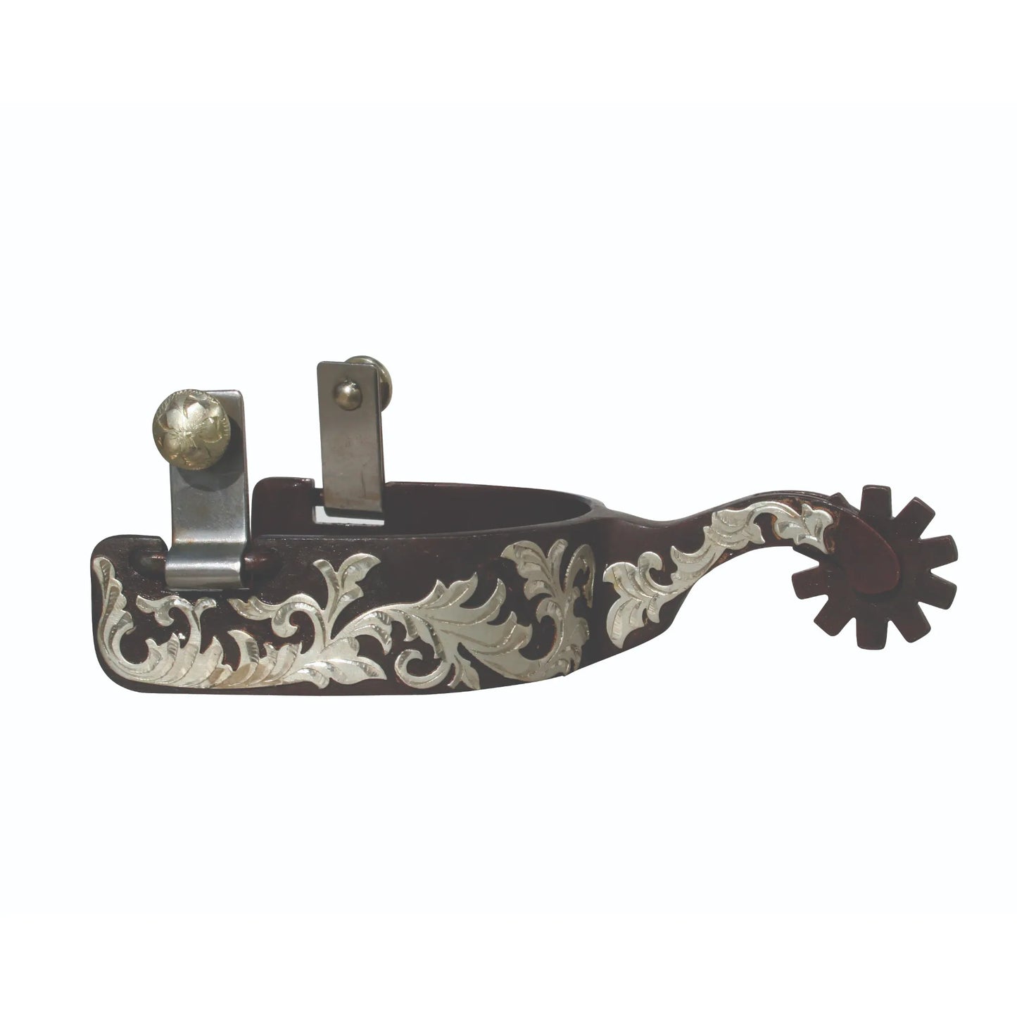 Western floral engraved spurs featuring a dark brown finish with intricate silver scrollwork along the heel band and medium shank. Designed for equestrian performance, these cowboy spurs include a classic star rowel and sturdy silver buttons for secure strap attachment. Ideal for western pleasure riding, ranch work, or horse shows, these spurs combine elegant craftsmanship with functional durability for any rider's gear collection.