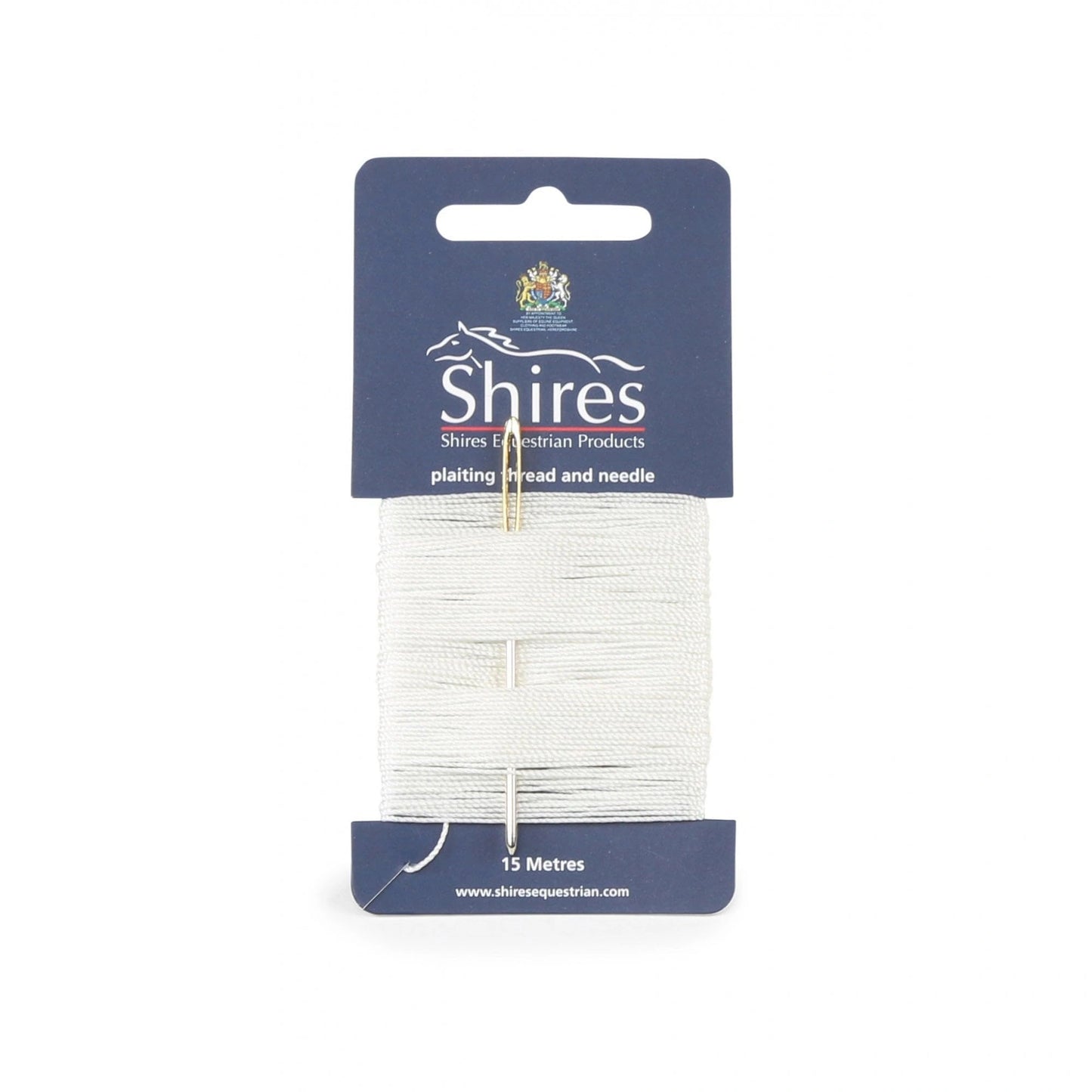 Packaged white thread with needle on a blue Shires label