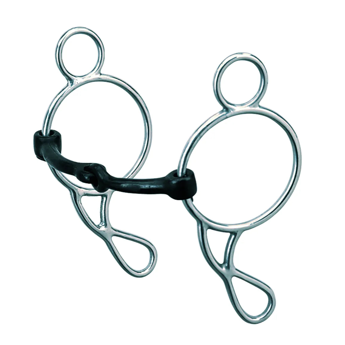 Wonder Bit featuring a black sweet iron jointed snaffle mouthpiece and silver stainless steel 7-inch shanks. This gentle horse bit features a 5.5-inch mouth design, offering precise control and communication for riders. The unique multiple-ring cheekpiece allows for various rein settings, making it a versatile equestrian training tool. High-quality, polished horse tack ideal for western or english riding disciplines.