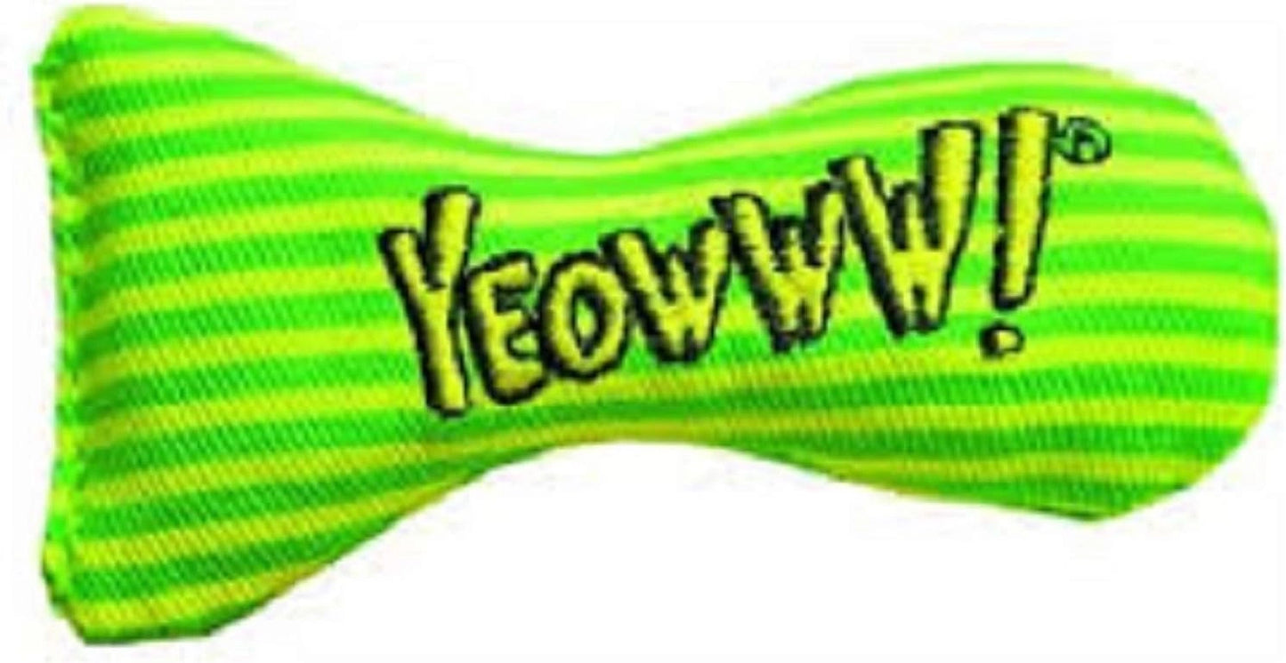 Green and yellow striped cat toy with 'YEOWWW!' text - Hooves and Paws