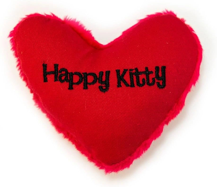 Red heart-shaped pillow with 'Happy Kitty' text filled with catnip