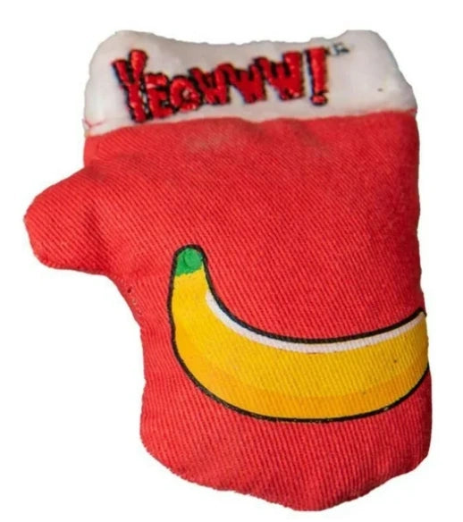 Red cat toy with a banana design and 'Yeowww!' text filled with catnip - Hooves and Paws