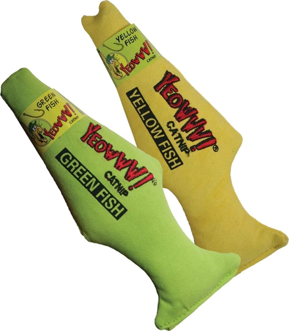 catnip toys, one green, another yellow, both with Yeowww! brand. Hooves and paws