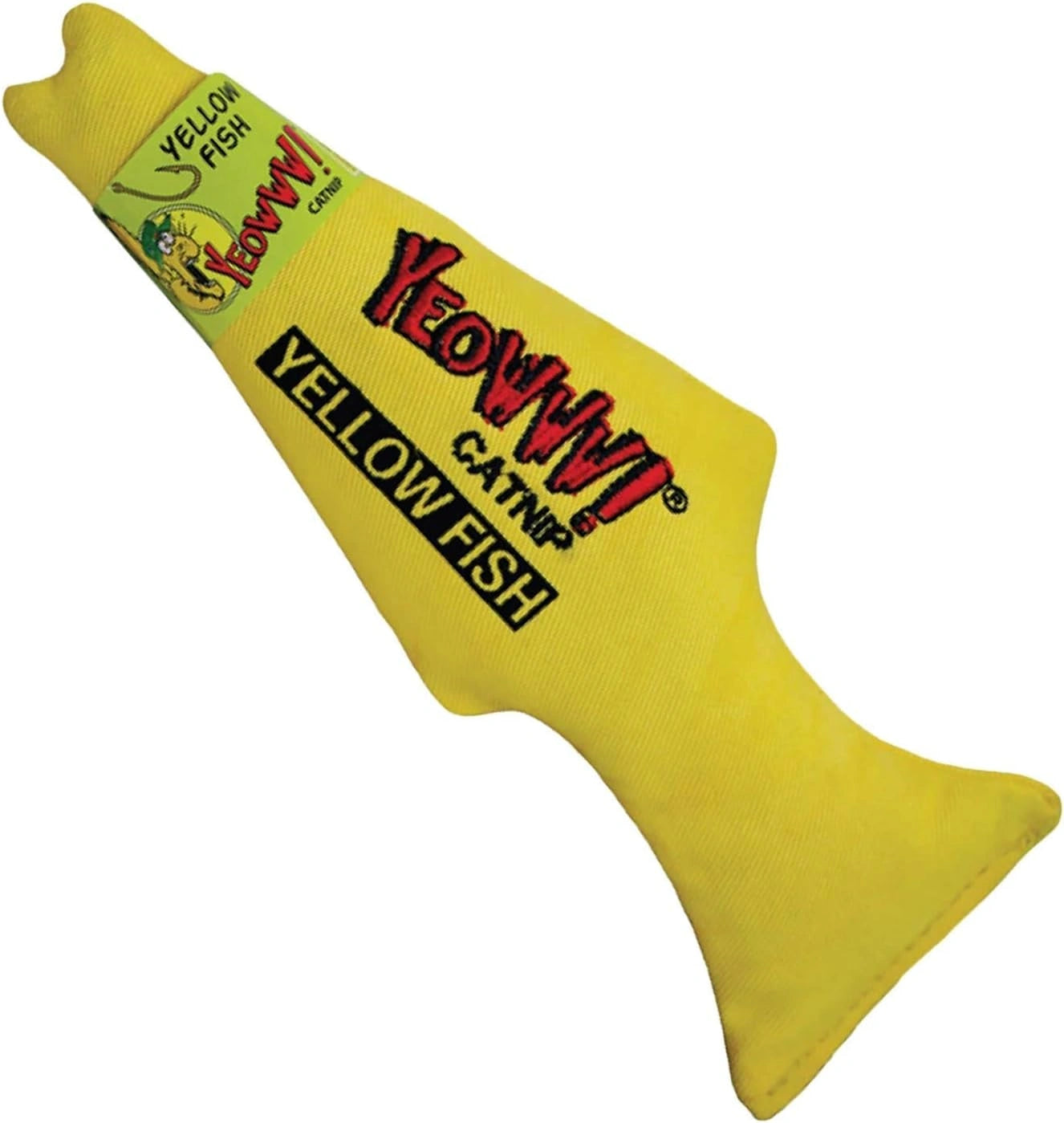 Yellow fish-shaped catnip toy with 'Yeowww!' branding - hooves and paws