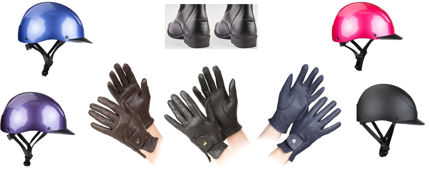 Collection of 4 helmets, 3 pairs of gloves in various colors and one pair of boots - Hooves and Paws