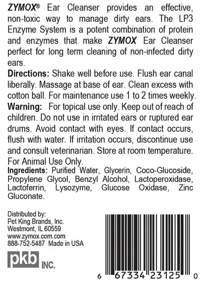 Zymox Ear Cleanser label with directions, ingredients, and contact information. Hooves and paws