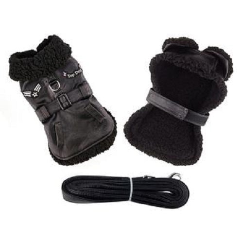 Doggie Design Black Top Dog Flight Outdoor Jacket Coat With Matching Leash - Hooves and Paws